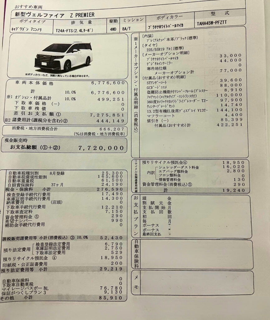 2023年6月契約 ヴェルファイアZプレミアの見積書|総額772万円の内訳